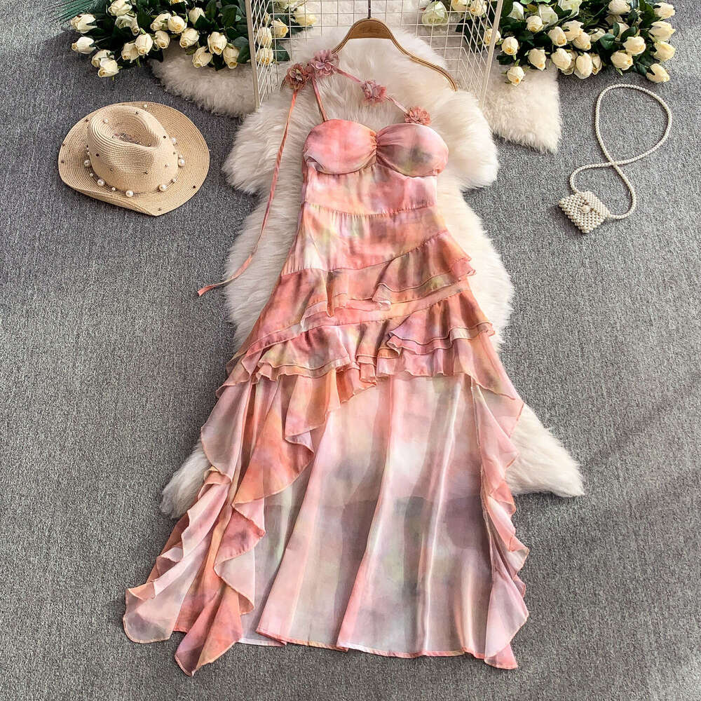 French vacation style romantic 3D floral backless dress for women, high-end pink with irregular pleats