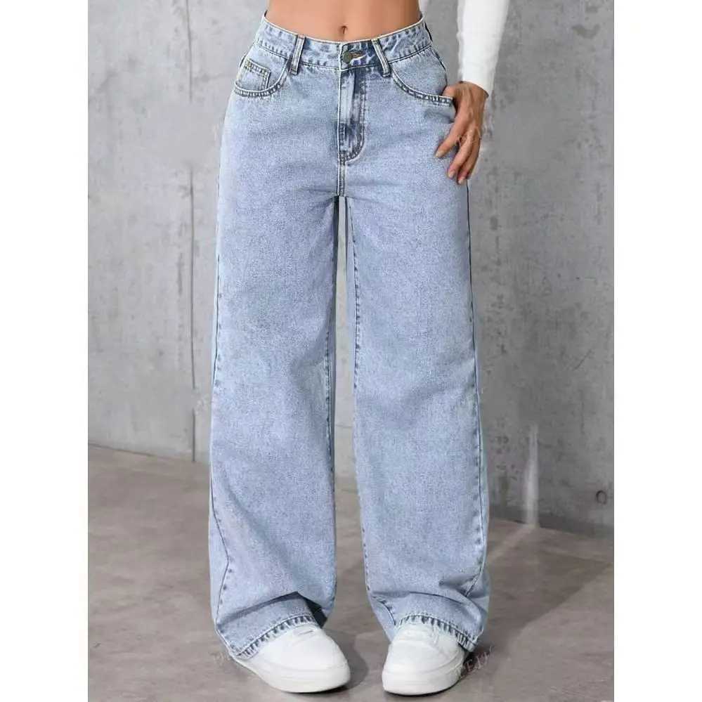American Blue Washed High-Waisted Straight-Leg Jeans Women Loose Fashion Front Back Pockets Jeans Suitable Daily Casual Jean M260310