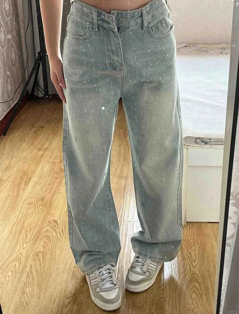 Elegant Light Blue Beaded Straight Denim Pants for Women High Waist Slim Fit Wide Leg Long Trousers M260310