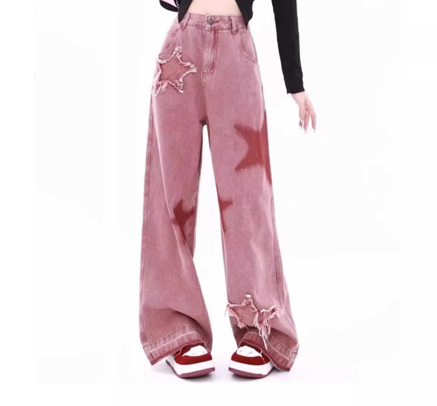 Large Size Women American Street Pink High Waist Autumn Korean Wide-leg Jeans Loose Fashion Versatile Straight Leisure Trousers M260310