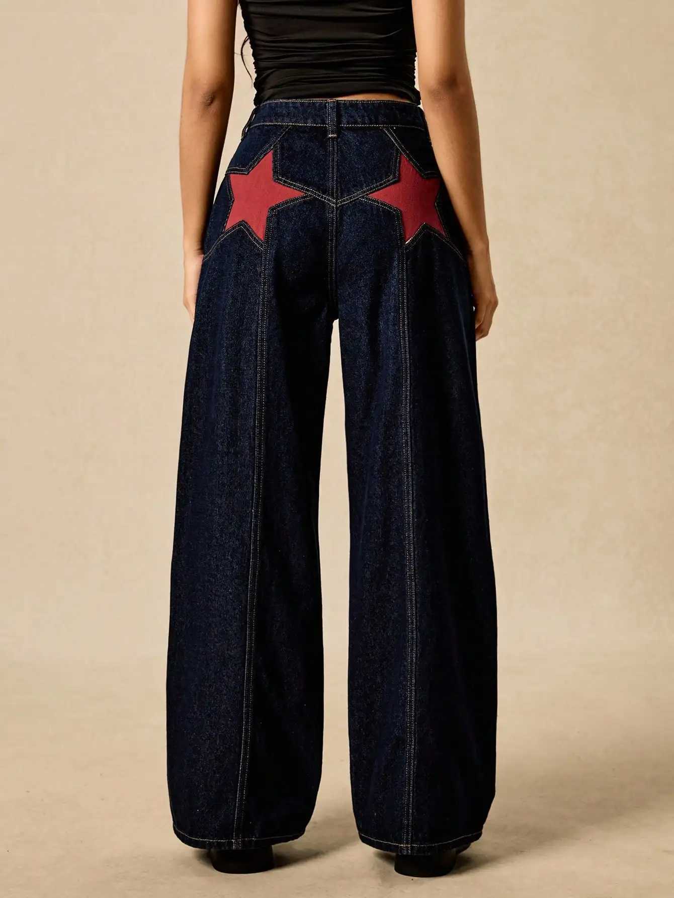Womens Loose Fit Denim Jeans with Red Star Patch Back Design Streetwear Style for Summer Casual WearT260310