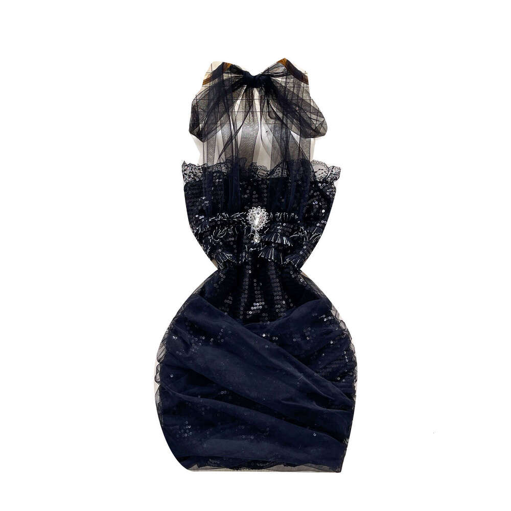 Light luxury socialite sexy mesh backless collar sequined shiny dress suitable for hot girls with waist cinching and hugging buttocks