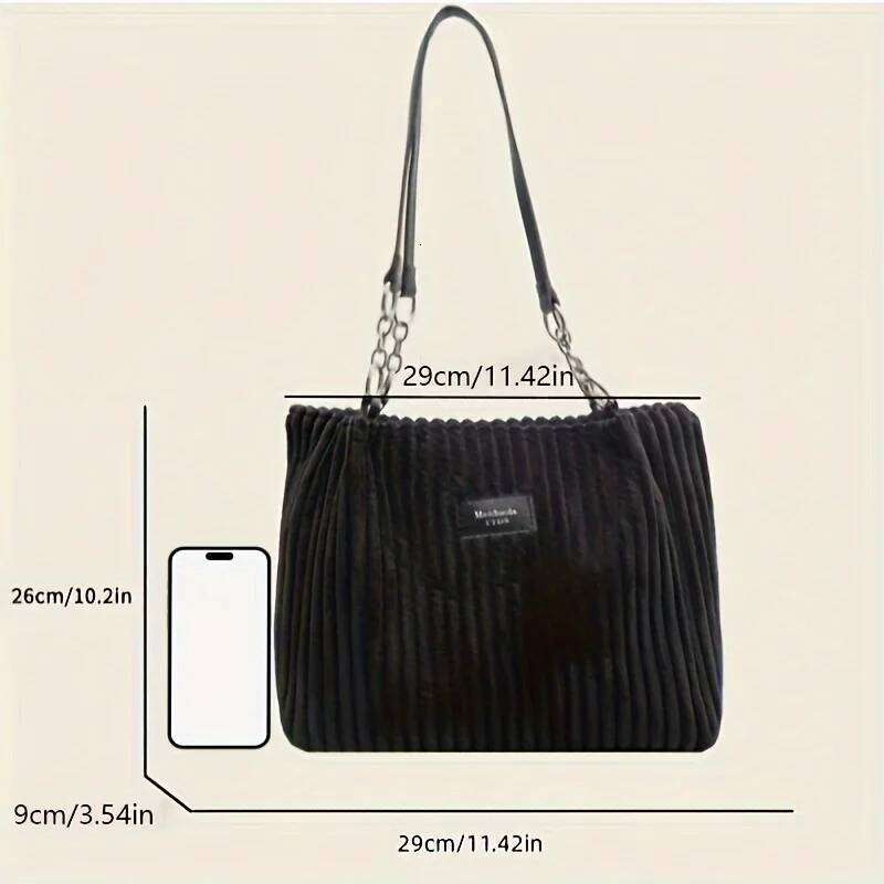 Large Capacity Corduroy Tote Chain Handbag Shoulder Bag for Women, Polyester Lining, Zip Closure, Black, Beige, Khaki, Green XJ260310