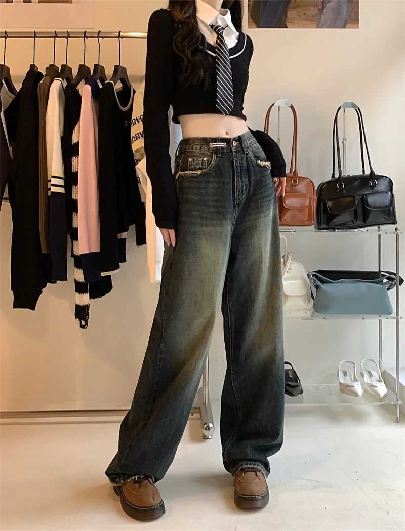 Womens Harajuku Style Loose Wide Leg Jeans Autumn Winter Street Fashion Retro Straight Loose Denim Trousers M260310