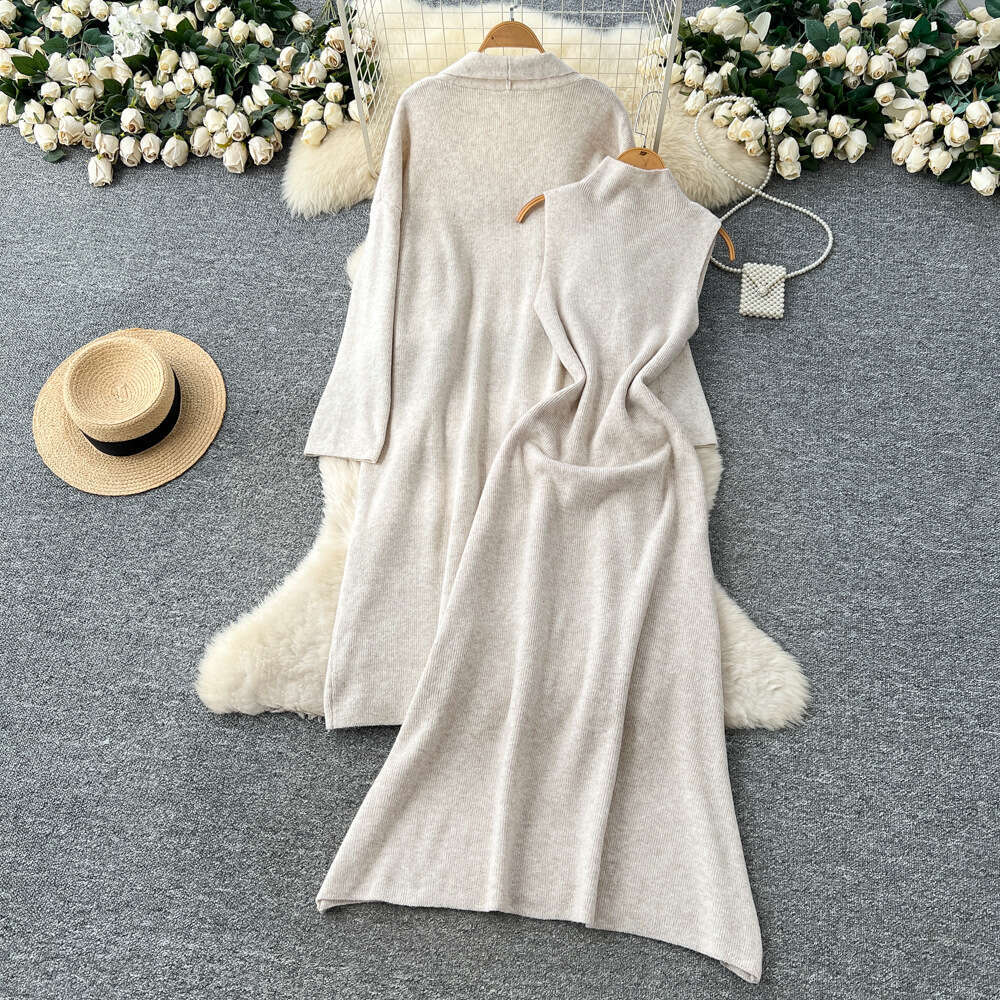 French women's autumn and winter casual fashion sleeveless waist tied knit dress paired with loose cardigan wool sweater