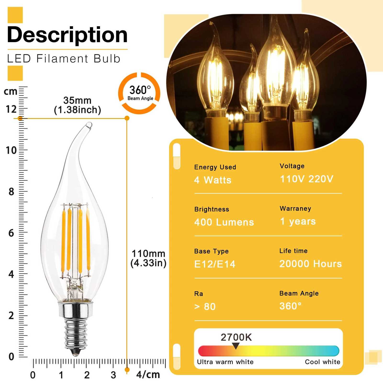 6PCS C35 4W Flame Tip LED Chandelier Light Bulbs 40W Equivalent E12 E14 Candelabra Base 220V Dimmable Vintage Candle Decor Bulbs H260310