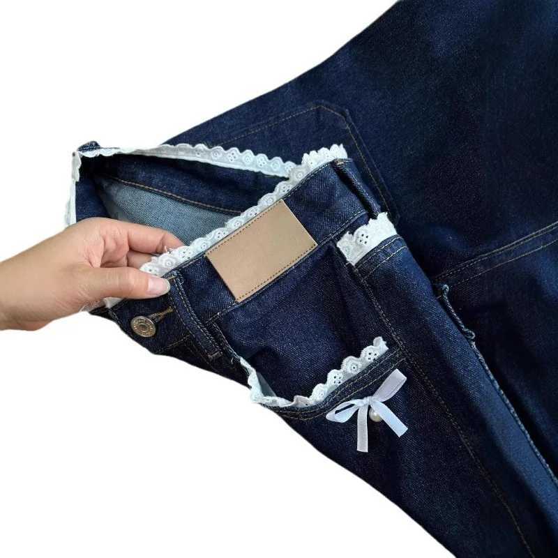 Womens Dark Blue High Waist Jeans Lace Trim Straight Leg Loose Slimming Pants for Spring Autumn M260310