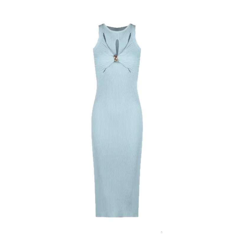 2026 new European and American niche sexy queen casual style sleeveless twist button vertical stripe slim knit long skirt