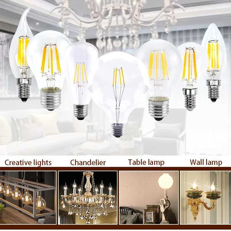6Pcs Retro Edison E27 E14 LED Filament Lamp AC 220V Light Bulb C35 G45 A60 ST64 G80 G95 Lampada Glass Bulb Vintage Candle Light H260310