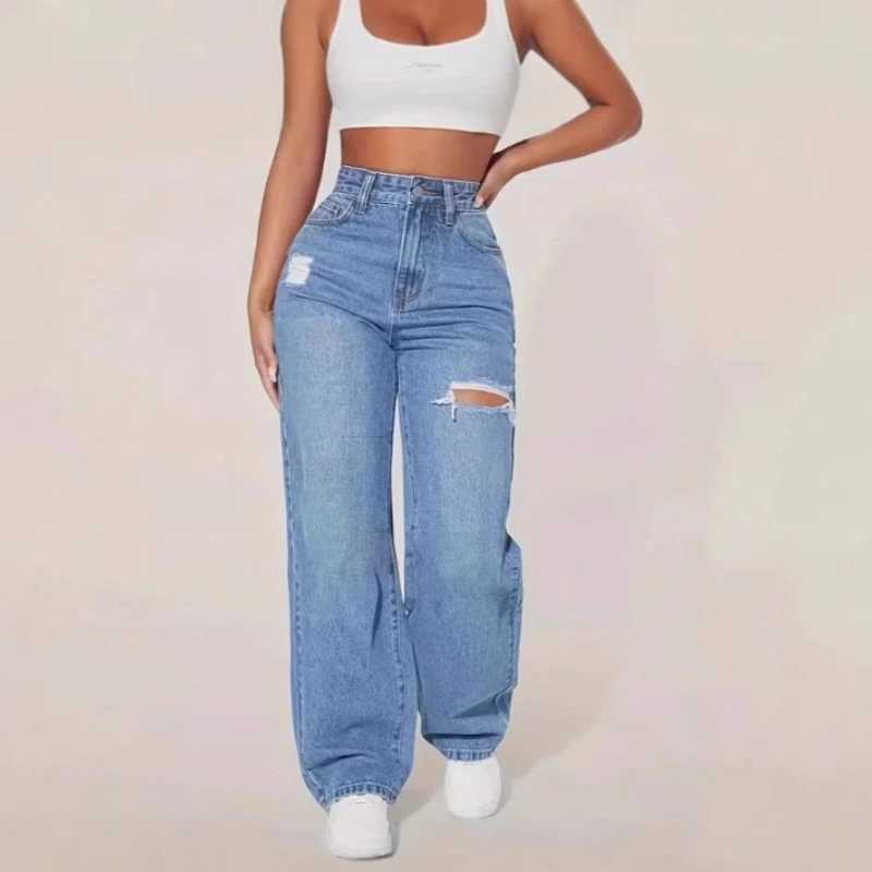 Mom Jeans Women Denim Pant Wide Leg Long Pants Hole High Waist Straight Trousers Y2k Streetwear Work Splice Casual 2025 Punk M260310