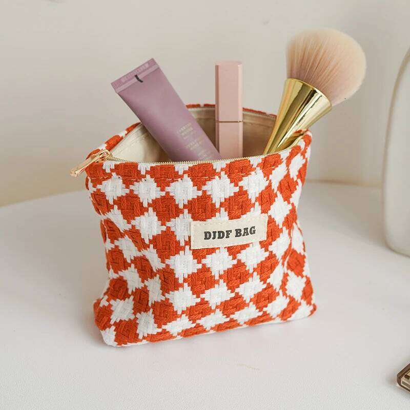 DJDF Orange Plaid Women's Cosmetic Small Double Canvas Portable Zipper Lipstick Storage Bag Commuter Coin Purse Card Holder XJ260310