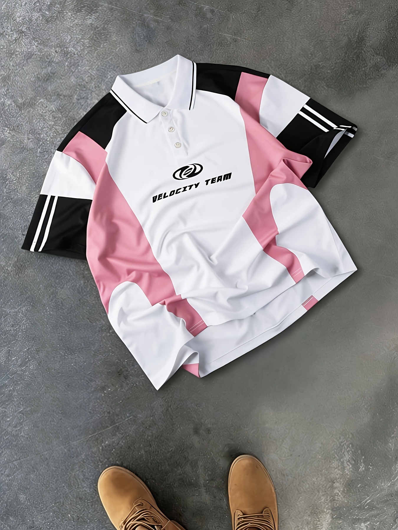 Luxury Brand Designer Clothes Trendy Sporty Style Polo Shirt For Men, Loose Fit, Versatile, Pink And White Color Block Design, Casual And Breathable S