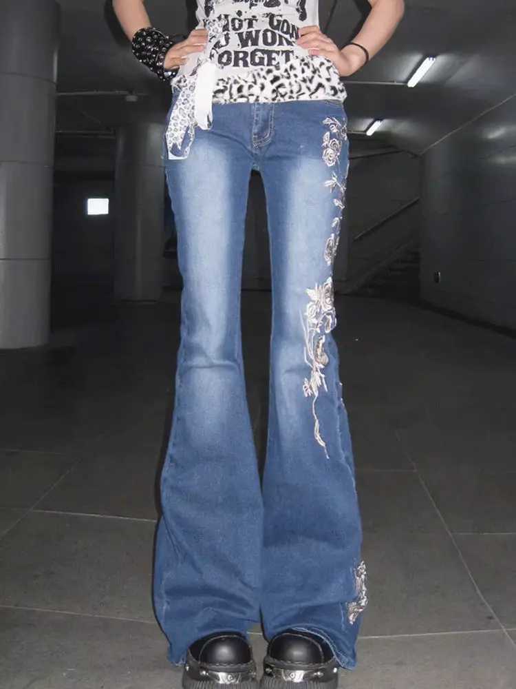 Womens American Retro High Street Flare Jeans Delicate Rose Embroidery Slim Fit Wide Leg Denim Pants with Flattering Silhouette M260310