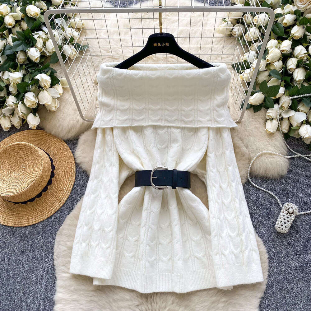 Casual style off shoulder knitted women's top 2026 autumn and winter fashion lace up waist multifunctional mid length design