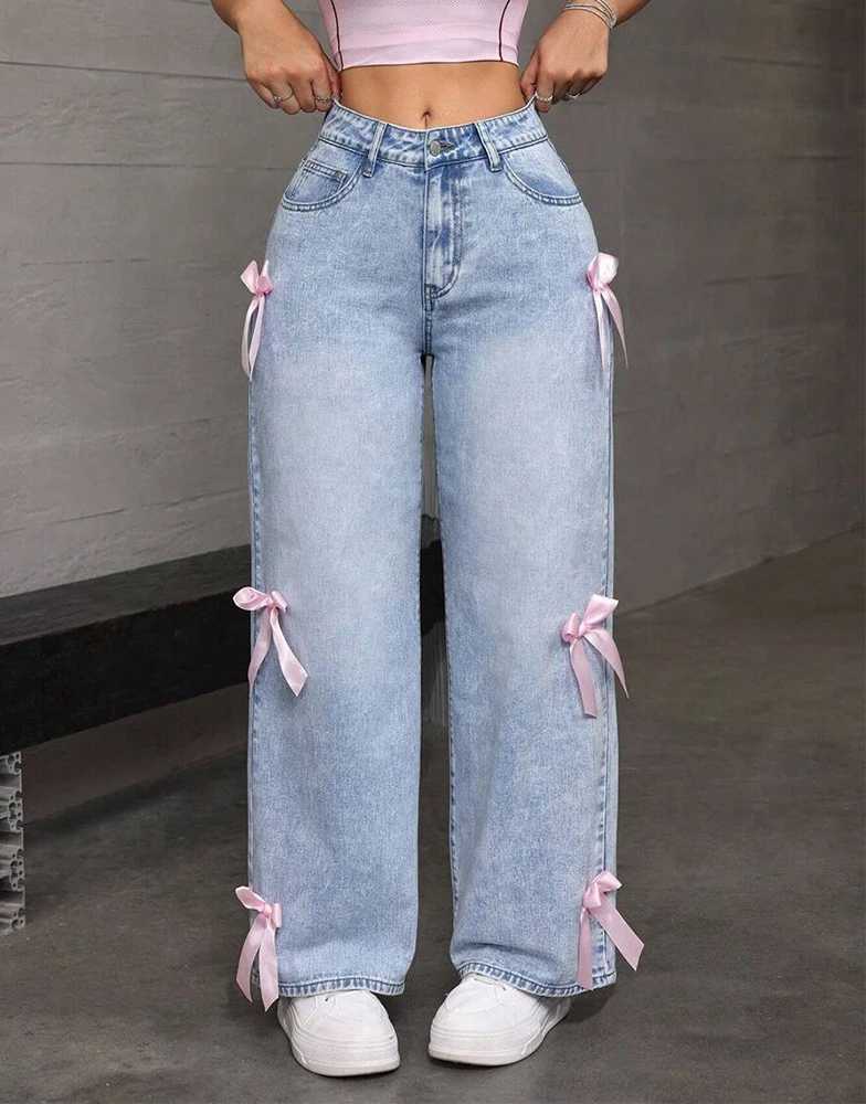 Women Jeans Wide Leg Pants Bow Washed High Waist 2025 Streetwear Denims Distressed Vintage Straight Ankle Length Trousers M260310