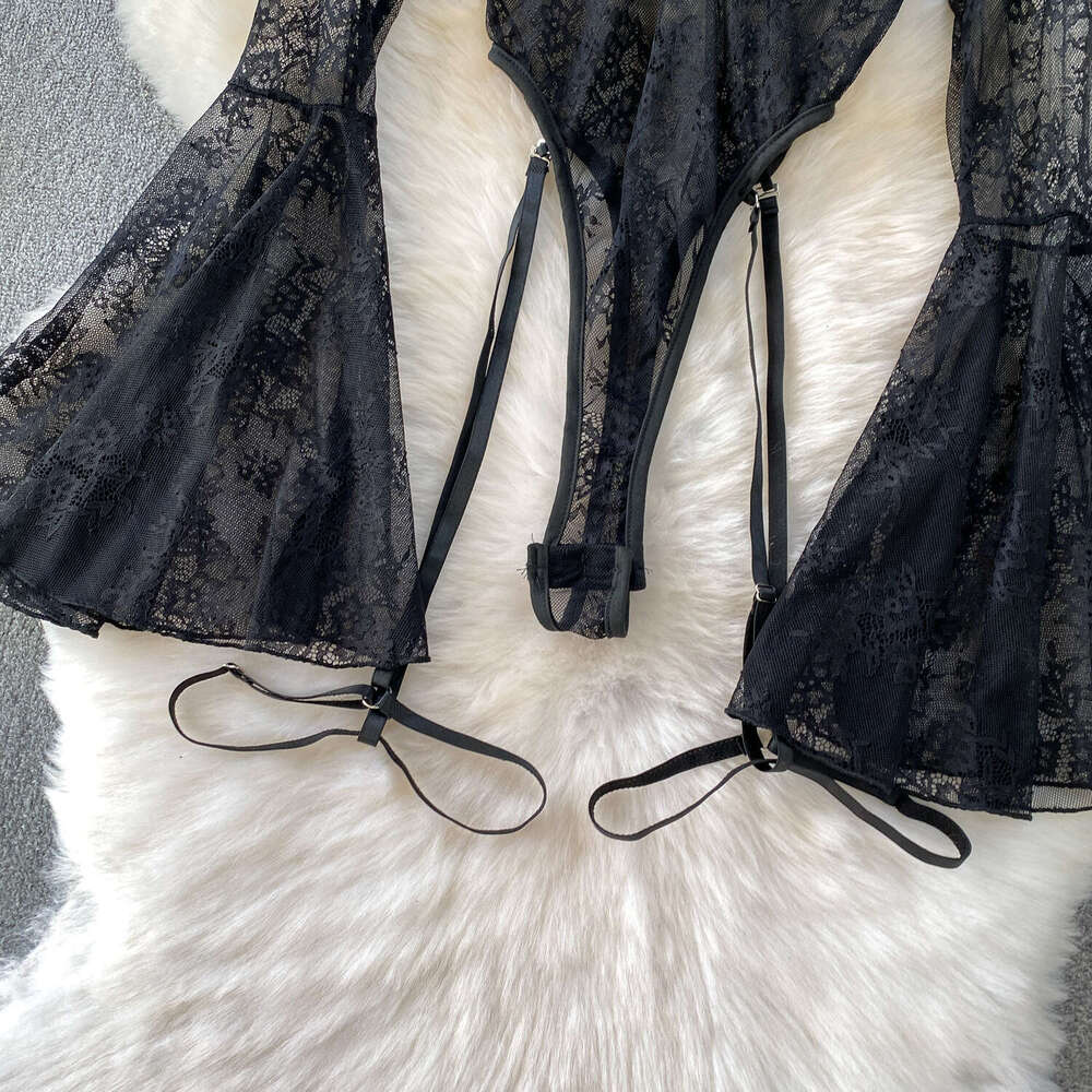 European and American sexy thin lace V-neck bell shaped sleeve women's jumpsuit summer design with tie 2026