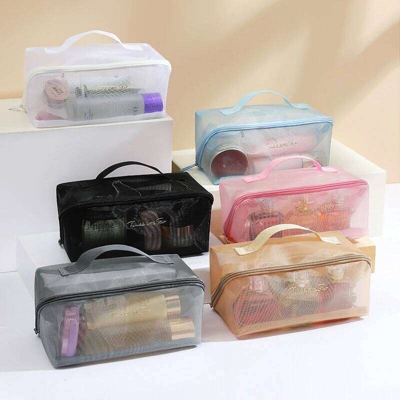 Wholesale Transparent Mesh Pillow Storage Bag Travel Makeup Toiletry Pouch Washbag Tote Cosmetic Organizer Zipper Bags XJ260310