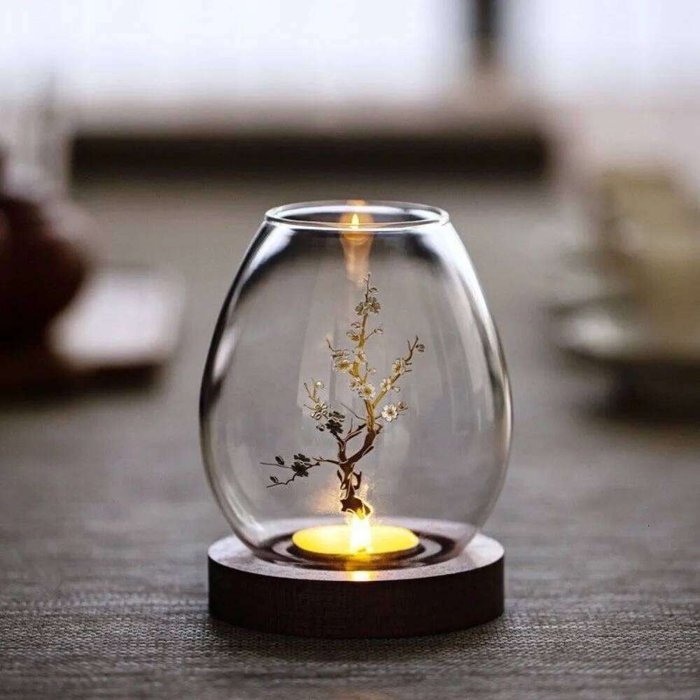 Transparent Glass Candlesticks Hollow Windproof Holder with Wood Base Round Candle Cup Cover Dining Table Decoration H260310