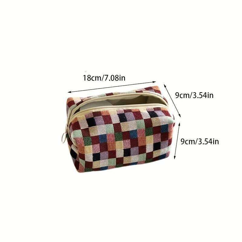Retro Plaid Makeup Bag with Mirror, Double Layer Chinese Design Cosmetic Case, Women Travel Organizer for Skincare Essentials XJ260310