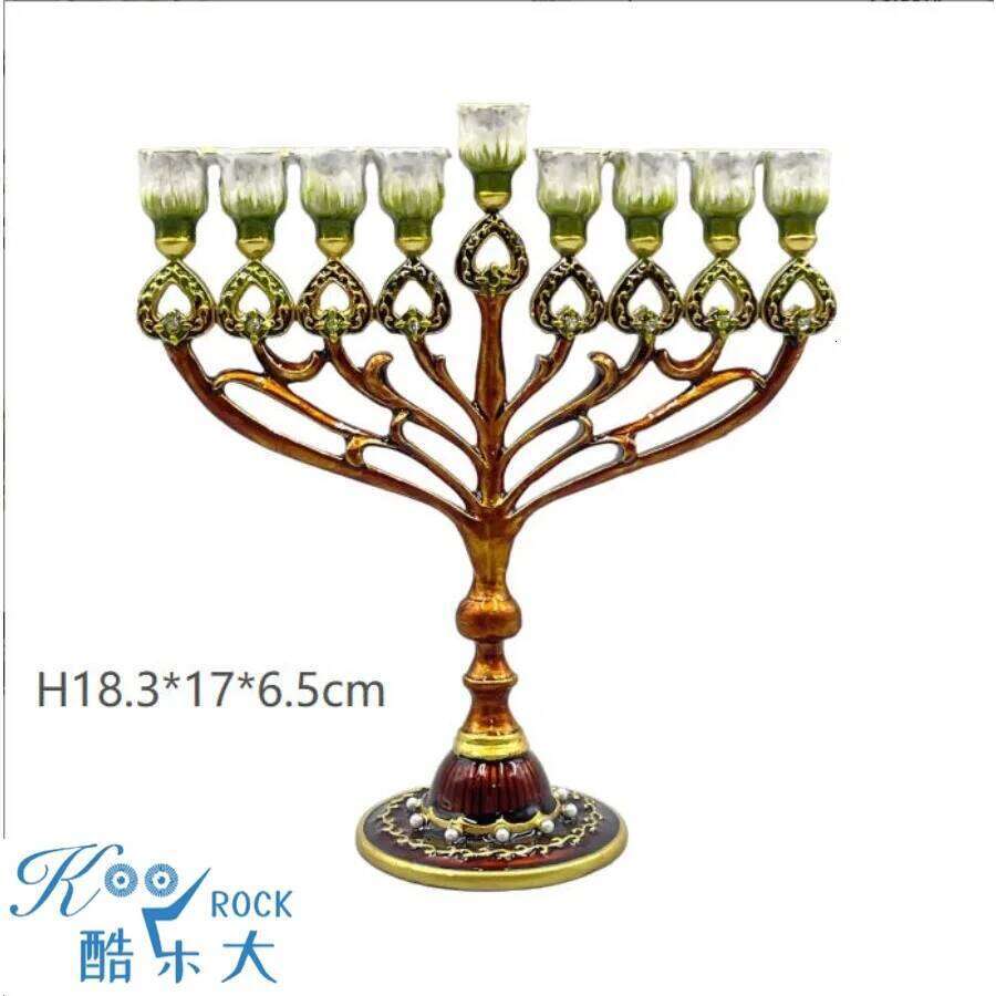 Jewish Hanukkah Temple of God Menorah, Jerusalem Gurdwara Candlestick alloy copper enamel colored holiday party, 9 branches H260310