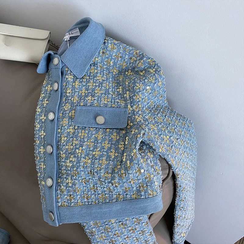 Neploe New Autumn Casual All-match Suit Wid Leg Pants Western Small Fragrance Exquisite Coat Sequin Turn-down Collar Set PantsT260310