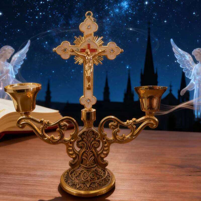Christian Catholic Sacred Crucifix Table Stand Candlestick with Handle Metal Tabletop Candle Holder Home Furnishing Desk Gift H260310