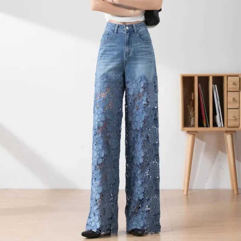 Womens High Waist Jeans Lace Patchwork Hollow Out Oversized Spring Pants Casual Loose All-Match Fashion Elegant Trousers M260310
