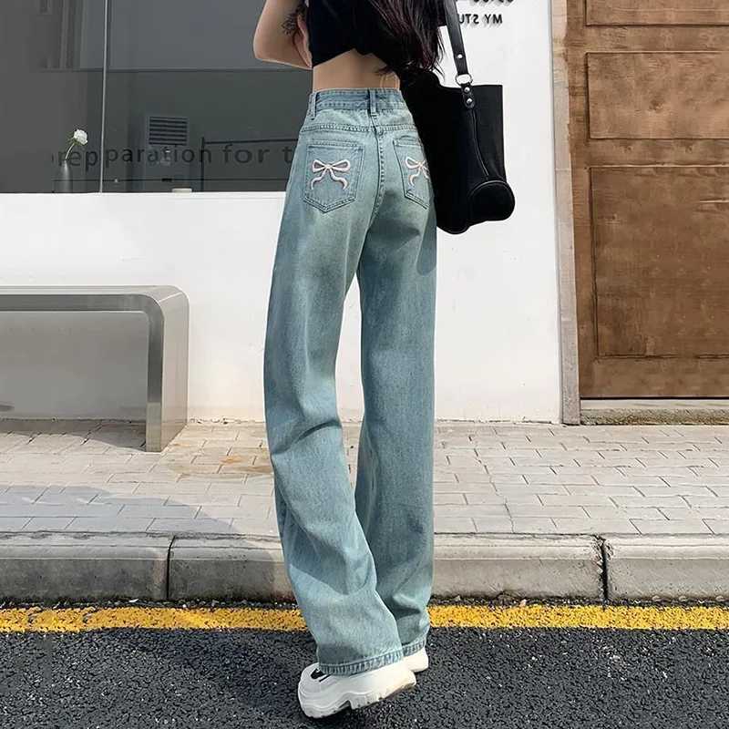Girls Baggy Straight Leg Y2k Jeans Female Bow Embroidered Back Pocket Denim Pants Classic High Waist Casual Wide Leg Trousers M260310