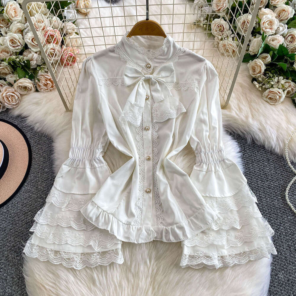 French court retro high-end lace patchwork stand up collar women's shirt with sweet and youthful bow and bell shaped sleeves