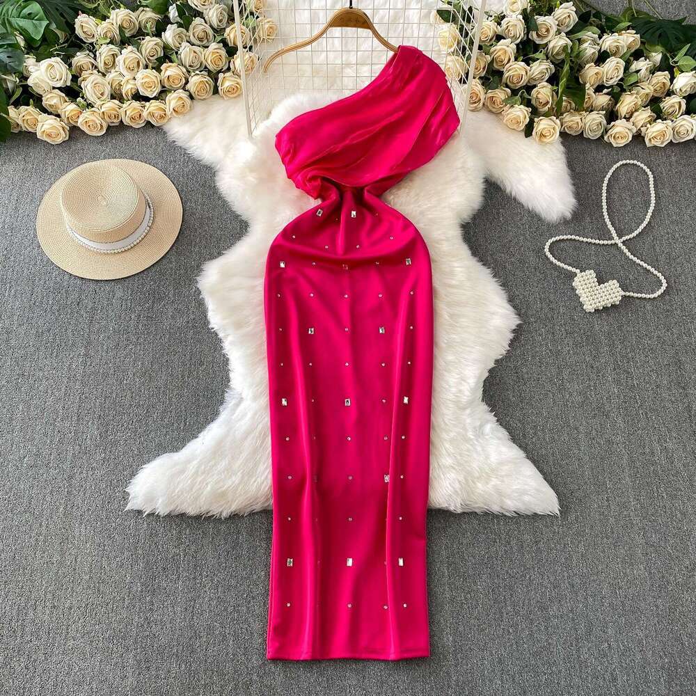 Elegant and exquisite women's off shoulder dress with high-end summer design, diamond decoration, satin patchwork waistband