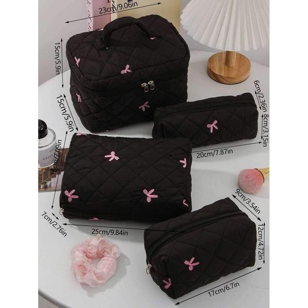 1Pc/Set Women's Bow Embroidered And Quilted Makeup Sets, Cute Macaron Color Large Capacity Cosmetic Bag,Make Up Bag XJ260310
