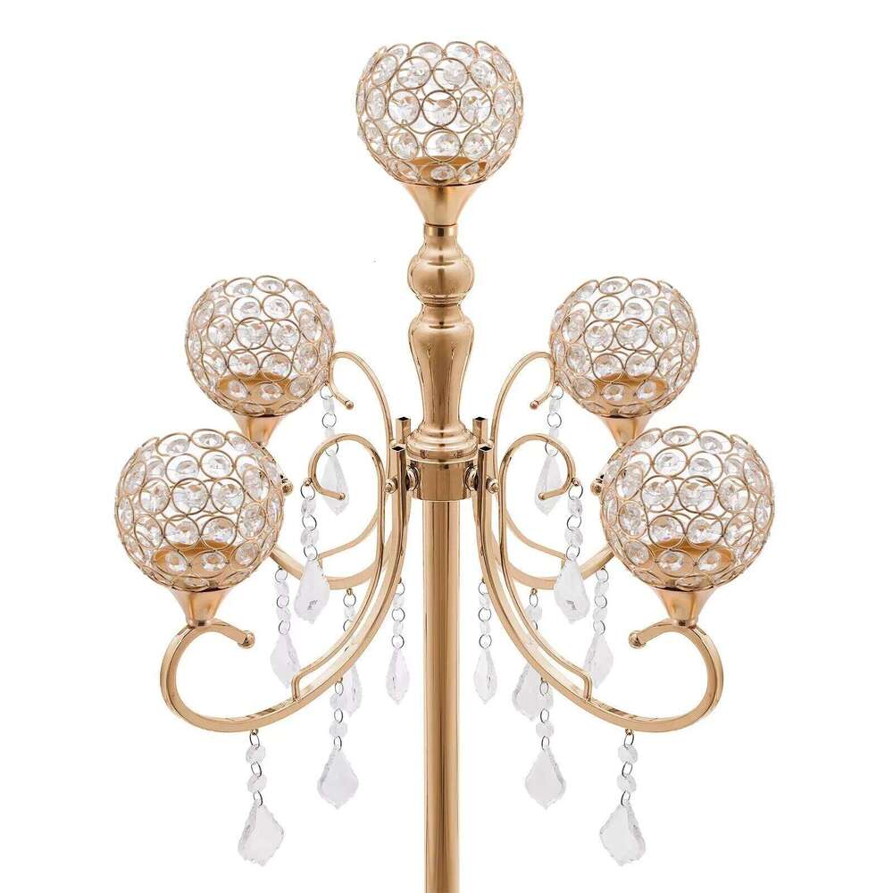 2PCS 5 Arms Crystal Candelabra Candle Holder Golden Table Centerpieces Wedding Decoration H260310