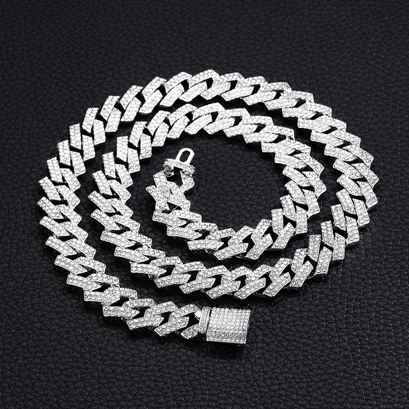 15mm Full Diamond Cuban Link Chain Necklace For Men Guys Iced Out Crystal Gemstone Miami Street Party Hip Hop Rap Jewelry Grunge Chunky Gold Curb Chai