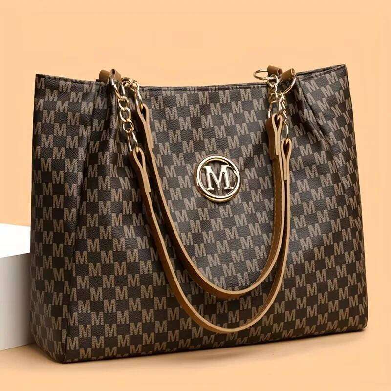 Vintage Geometric Tote Synthetic Leather Letter "M" Design for Women Handbag Shoulder Large Capacity Shopping Travel Bag XJ260310