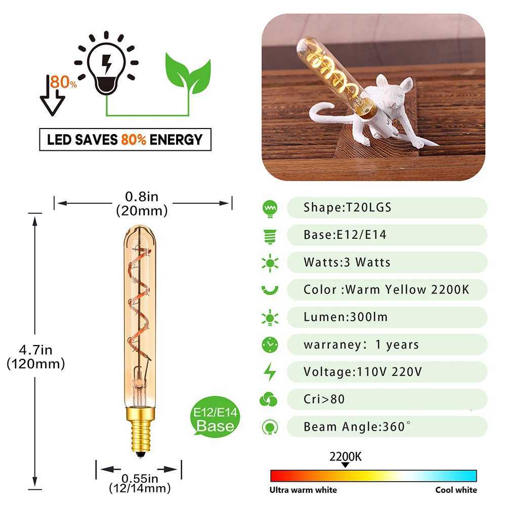 Long Tubular Vintage Led Bulb E14 E12 110V 220V Dimmable 3W 2200K Spiral Filament Living Room Pendant Decorative Light Source H260310
