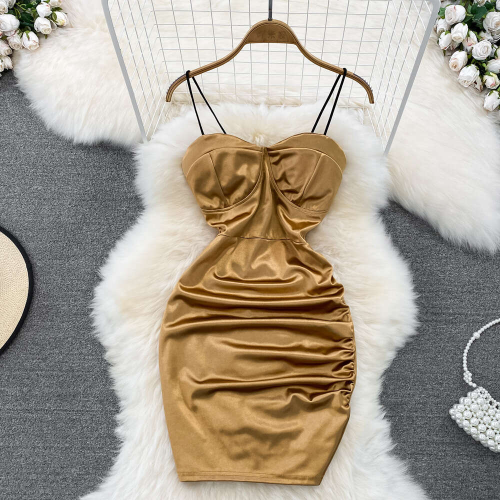 Summer pure desire spicy girl vest skirt sexy acetate satin slim fit highlights petite figure pleated tight fitting dress