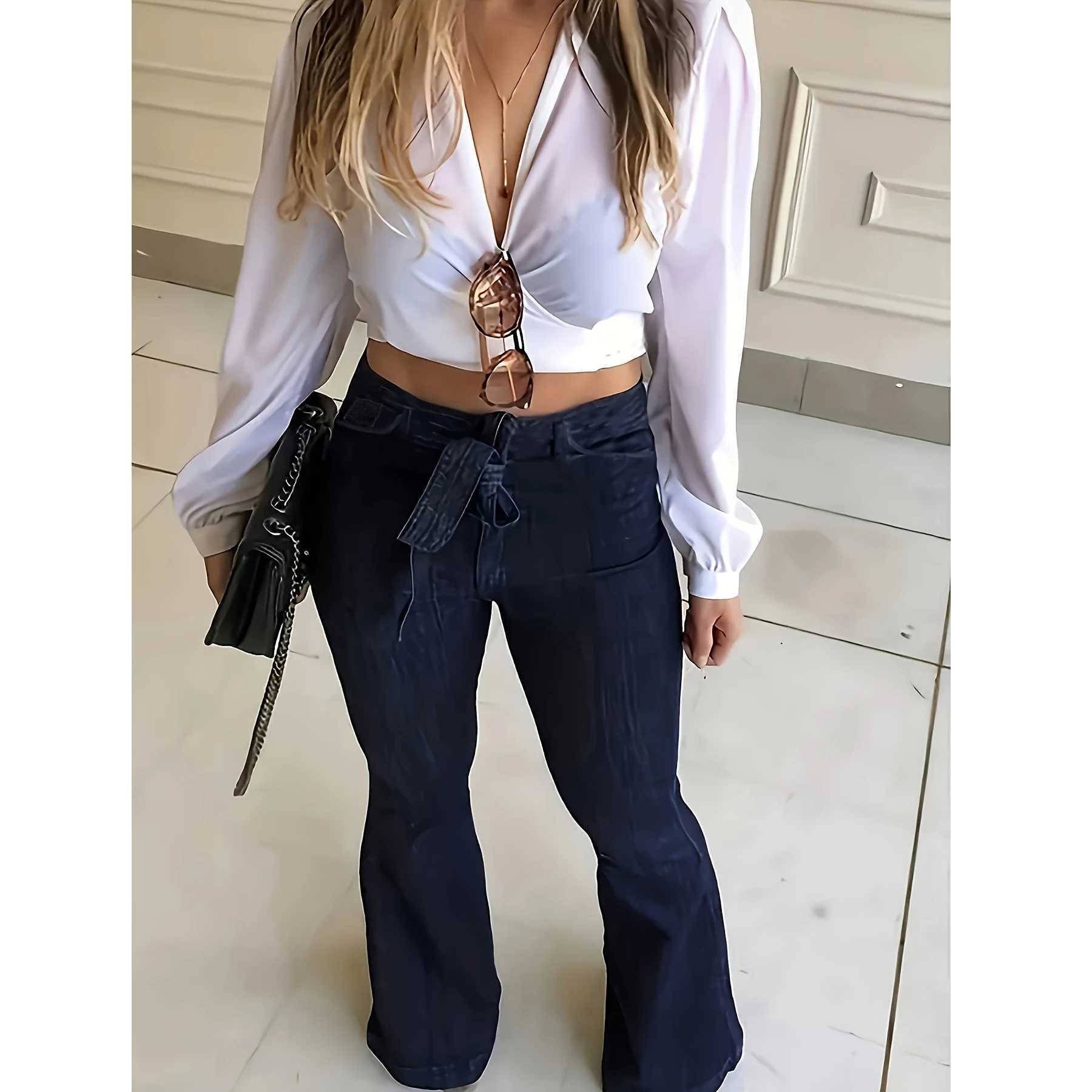 Y2k Jeans Women Jeans Trendy Elastic Waistband Flare Pants Wide Leg Trousers Stylish New Design Casual M260310