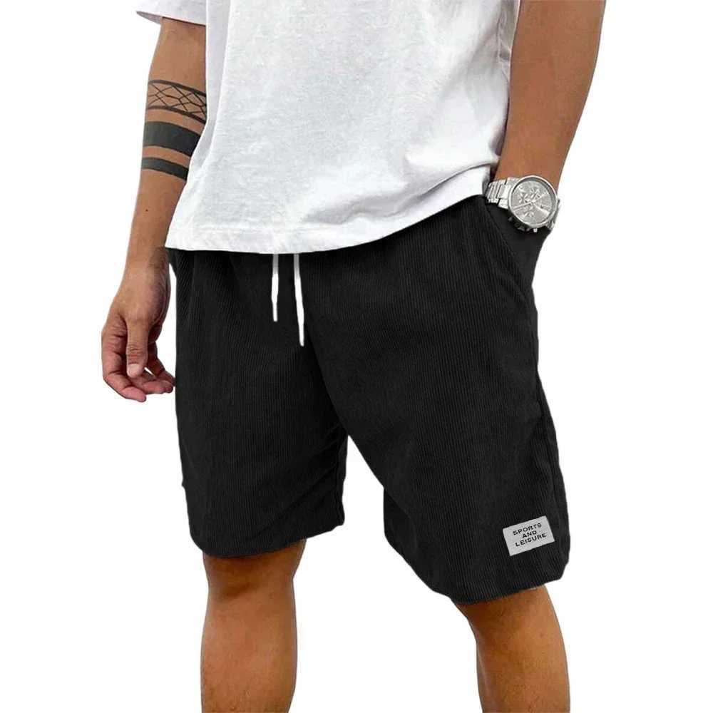 Summer Mens Solid Corduroy Shorts with Drawstring Casual Elastic Waist Fit for Outdoor Daily Activities Streetwear N260310