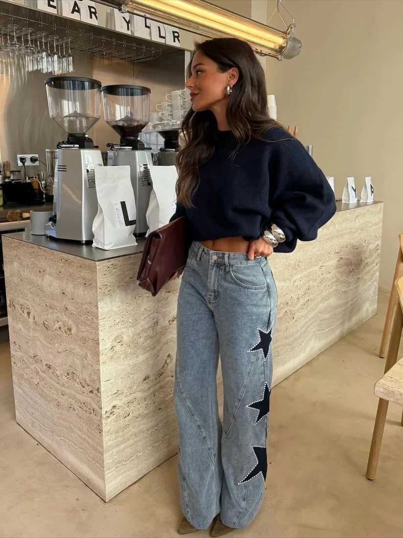 Casual Fashion Denim Pentagram Patchwork Women Jeans Chic High Waist Button Zipper Loose Jeans 2026New Daily Commute Street WearT260310