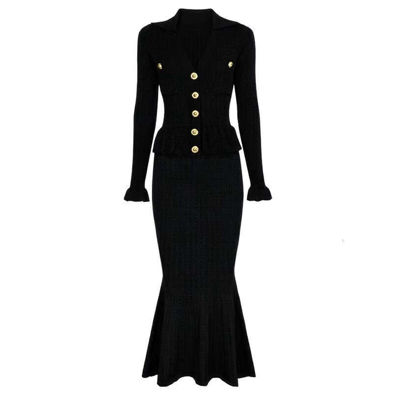 2026 Spring and Summer Elegant Social Dress Thin Hollow Knitted Collar Top with Ruffle Sleeves and Fitted Fishtail Skirt Set