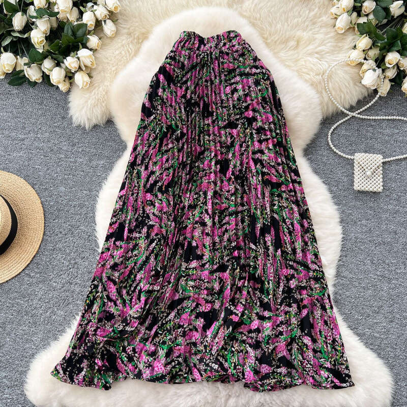 French retro printed women's 2025 autumn and winter new high waist slim fit A-line pleated long skirt