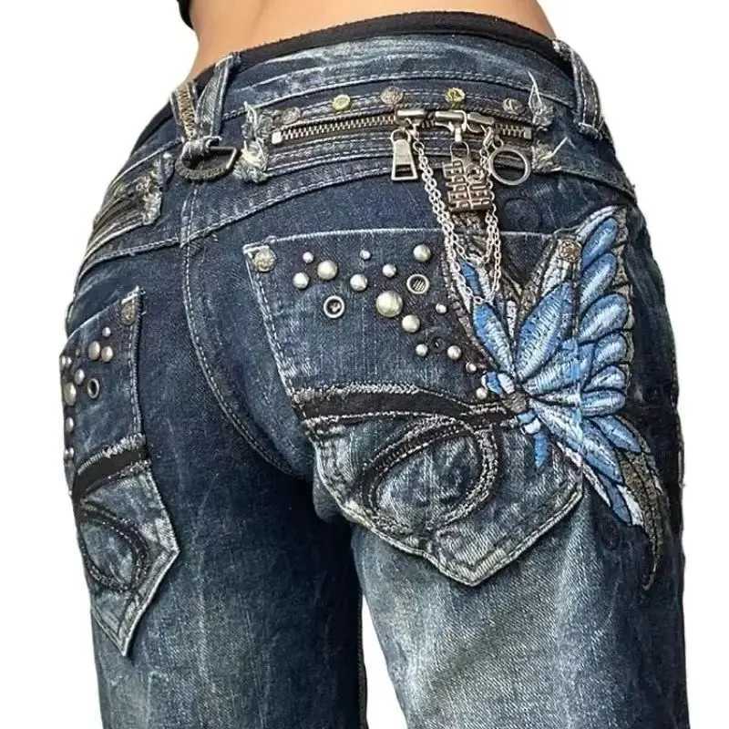 New retro high street large size butterfly embroidered women jeans Y2K Harajuku slim mid-rise micro-flared jeans M260310