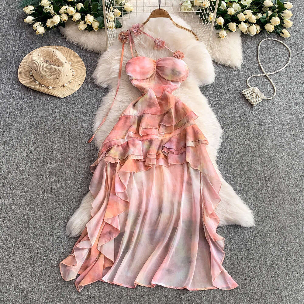 French vacation style romantic 3D floral backless dress for women, high-end pink with irregular pleats