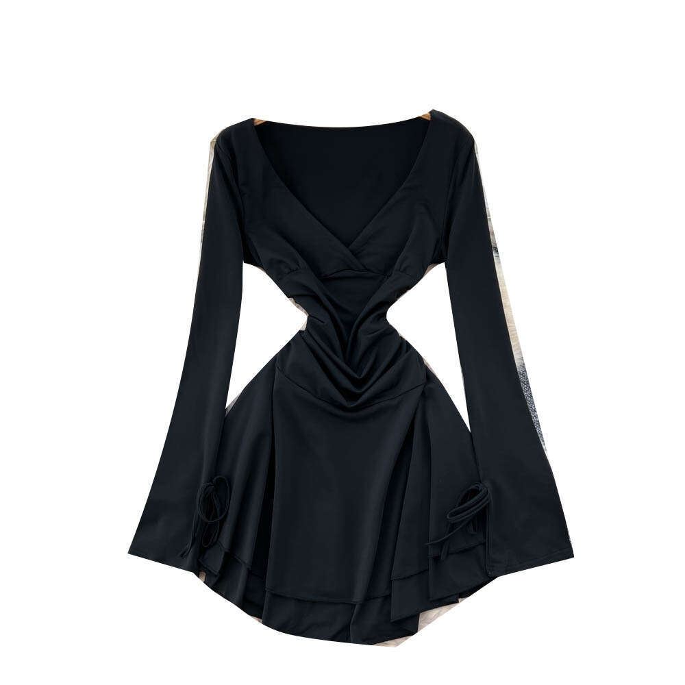 European and American Ins Women's 2026 Spring and Autumn Pure Sexy V-neck Waist Elegant Ruffle Black Dress