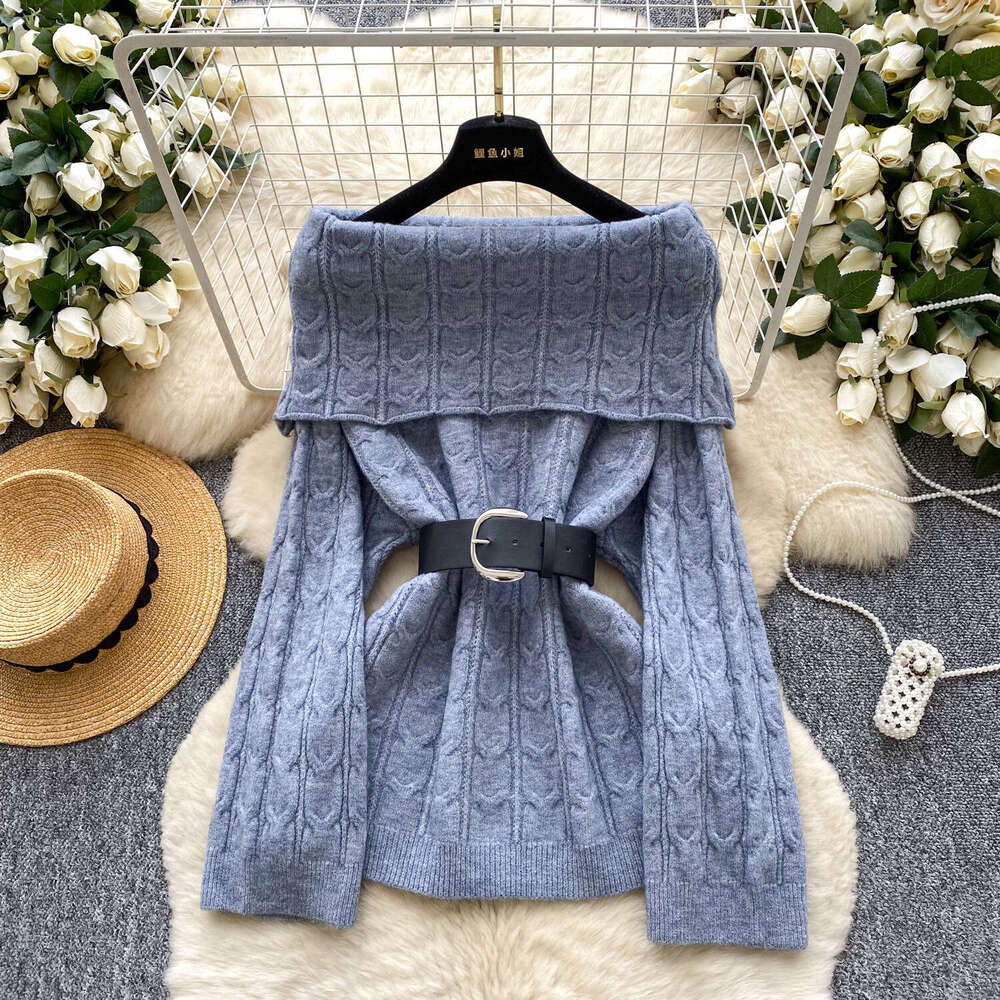 Casual style off shoulder knitted women's top 2026 autumn and winter fashion lace up waist multifunctional mid length design