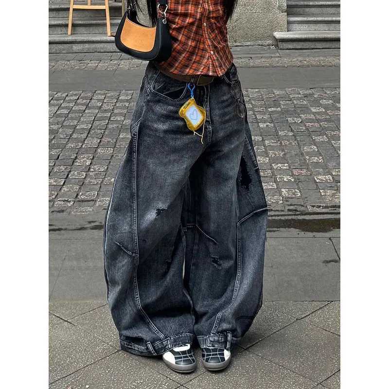 Black Jeans Women Vintage High Waisted Cargo Jeans Straight 2025 Summer Casual Loose Big Size Wide Leg Denim Baggy Pants Y2K M260310