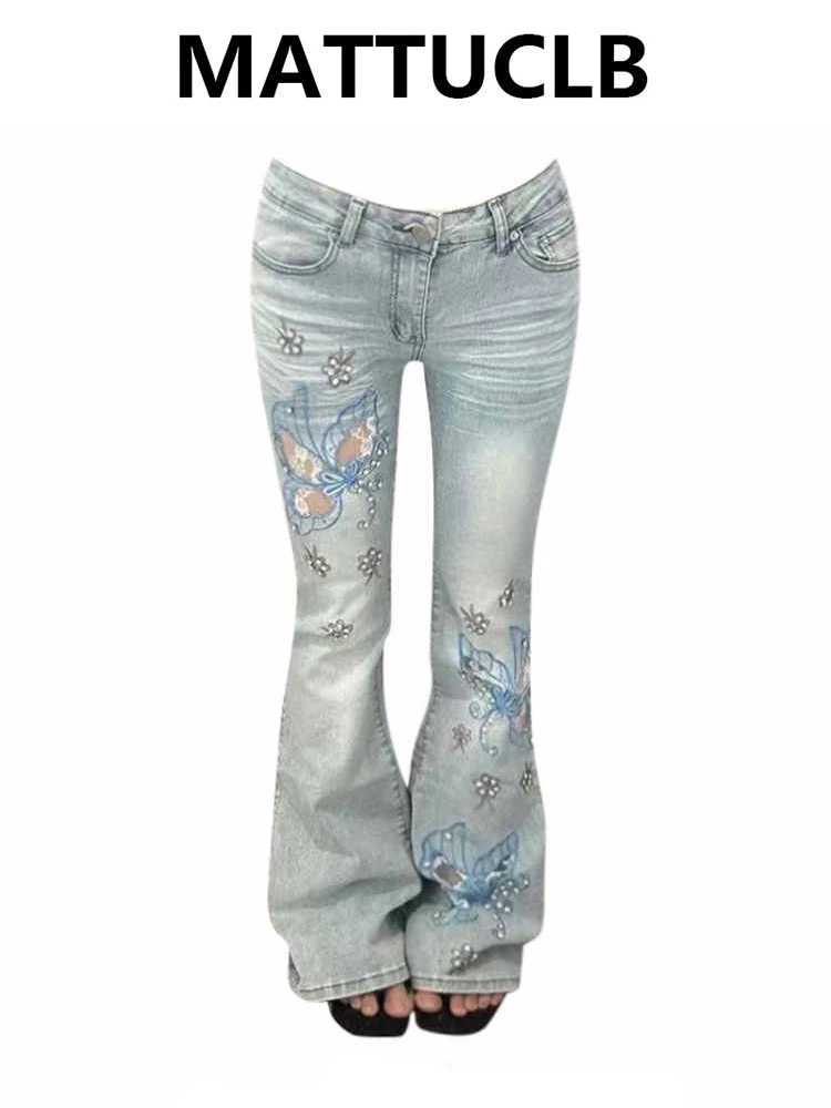 Womens American Retro Low Rise Embroidered Flare Jeans Denim Pants Long Trousers Japanese Y2k Cowboy High Street Designer New M260310
