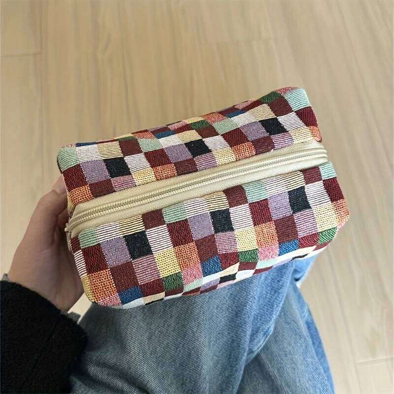 Retro Plaid Makeup Bag with Mirror, Double Layer Chinese Design Cosmetic Case, Women Travel Organizer for Skincare Essentials XJ260310