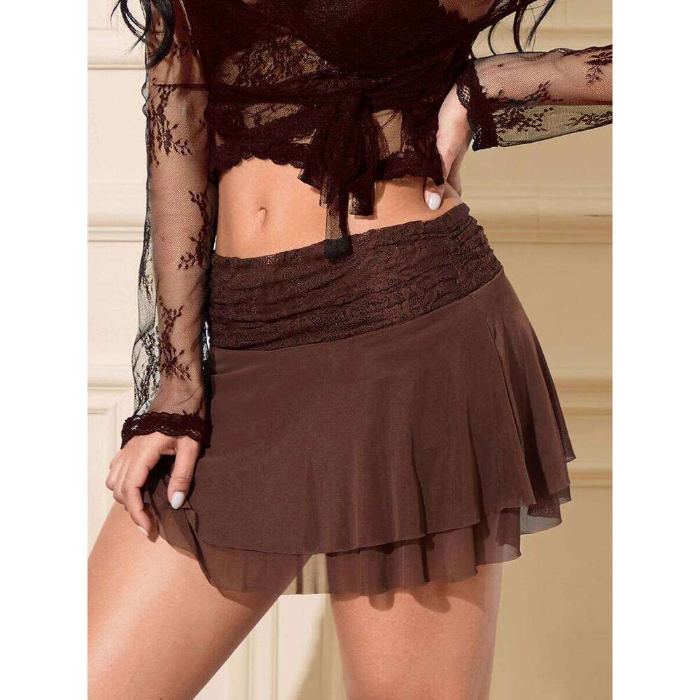 Women's Summer Mini Casual Solid Lace Patchwork Pleated Layered Low Rise Short Skirts XJ260309