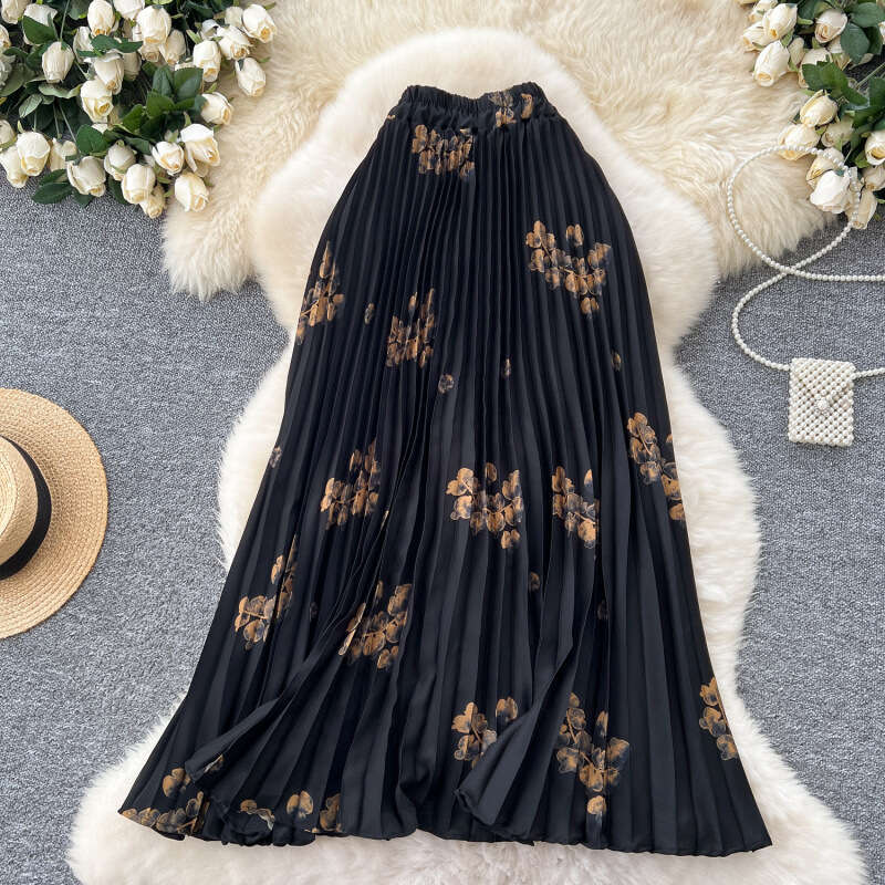 French retro printed women's 2025 autumn and winter new high waist slim fit A-line pleated long skirt